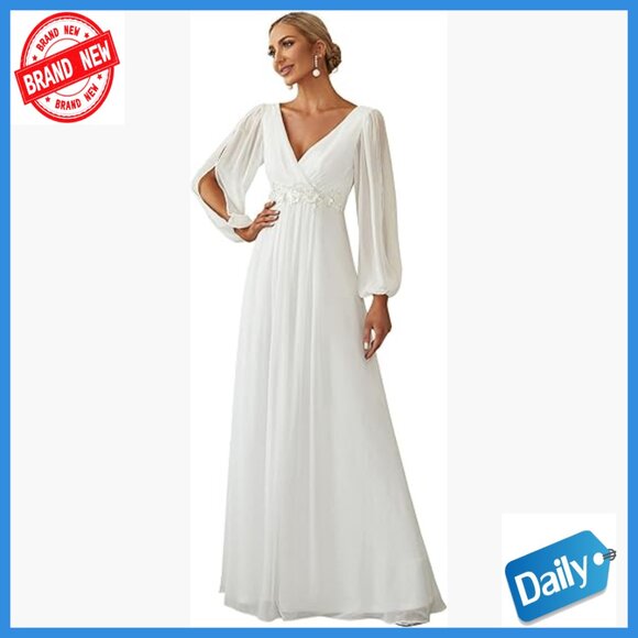 Floor Length Formal Dress Long Sleeve V Neck Chiffon A Line Evening Gown